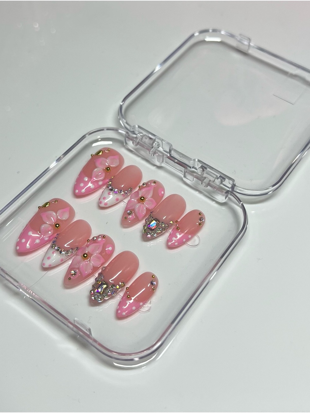 Handmade Pink Blossom 3D Flower Rhinestone Press-On Nails